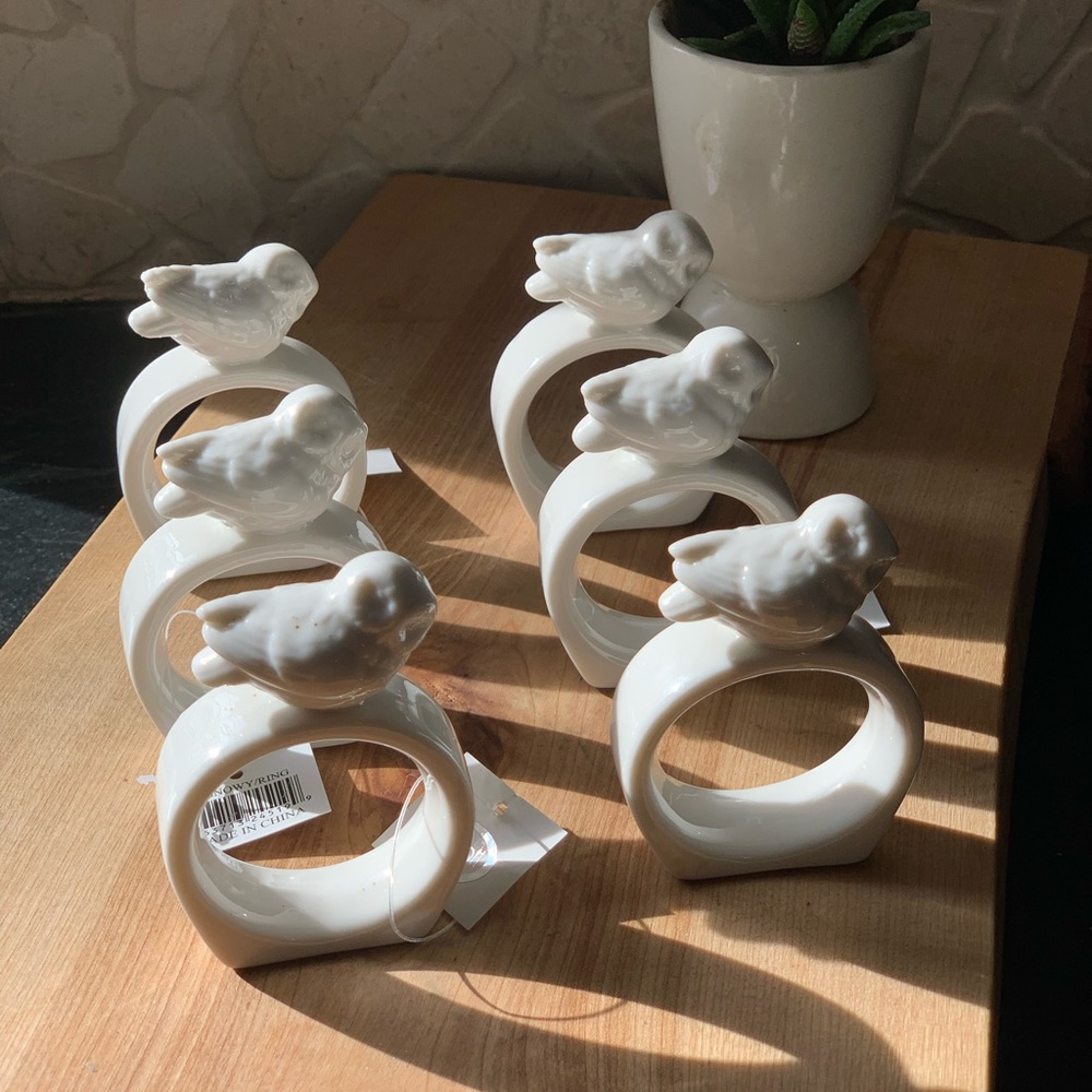 ABBOTT | Set of 6 | White Ceramic Owl Napkin Rings